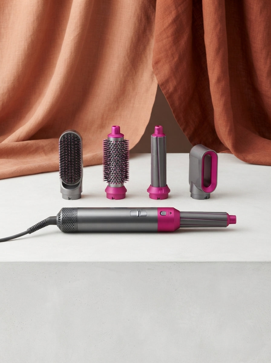 5-in-1 hot air styling brush with various detachable attachments displayed on a minimalist surface with terracotta accents.